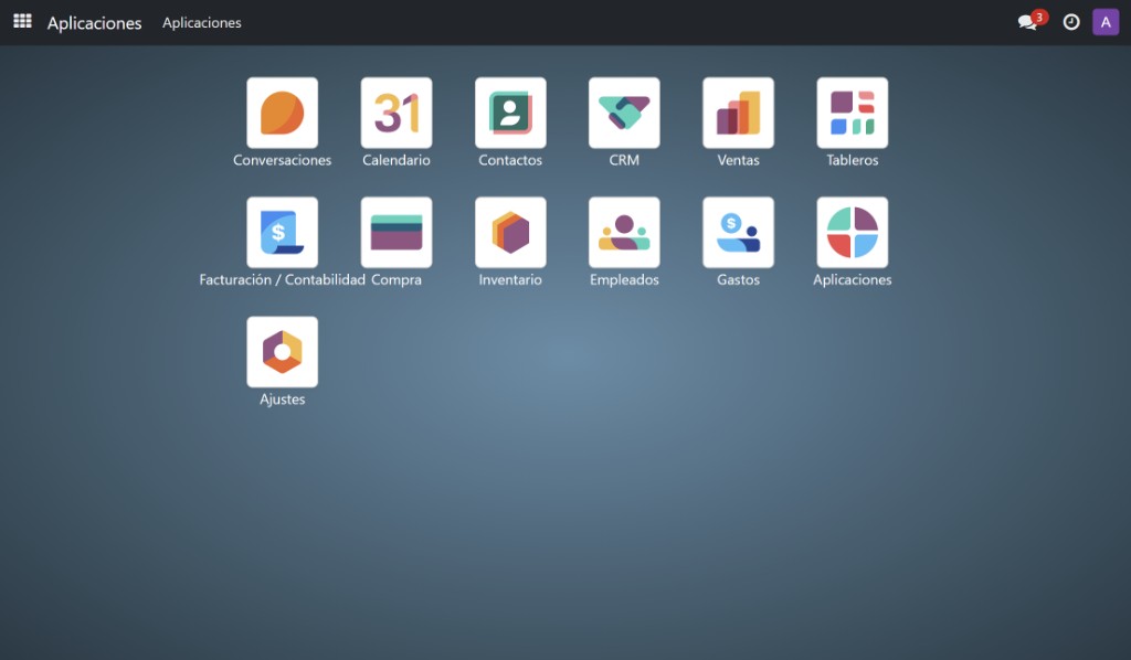BIZ360: pantalla de aplicaciones con todos los módulos disponibles